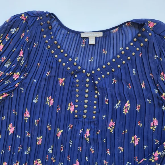 Woman Within Sheer Pleated Blouse Top Floral Print Navy Blue Pink Plus Large 18 - Picture 9 of 16